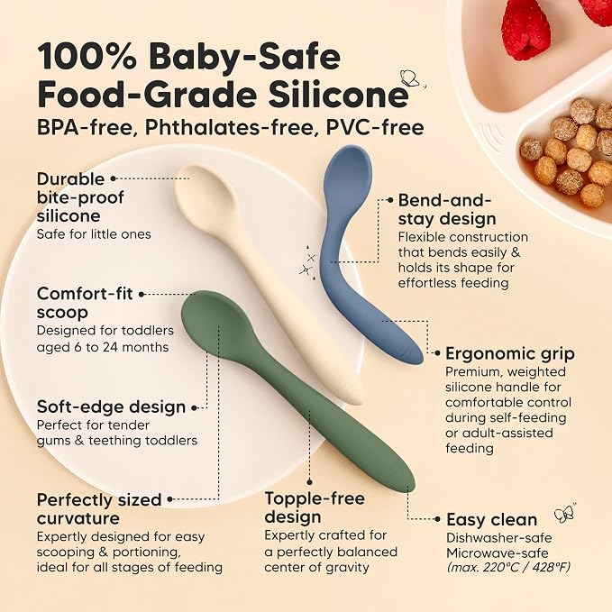 KeaBabies 3-Pack Silicone Baby Spoons and 3-Pack Waterproof Baby Bibs for Eating - Toddler First Food Training Spoon - Lightweight Boys & Girls Bib with Food Catcher