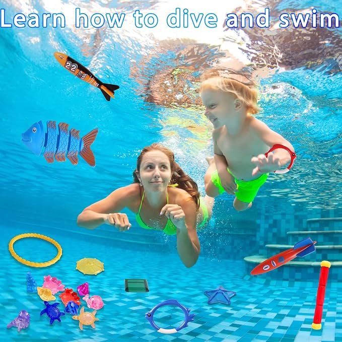 40 Pack Summer Pool Diving Toys for Kids Ages 3-12, Fun Swimming Games Sinking Toy Set, Underwater Gifts with Storage Bag Include Gems Shark Rings Sea Animals for Boys Girls