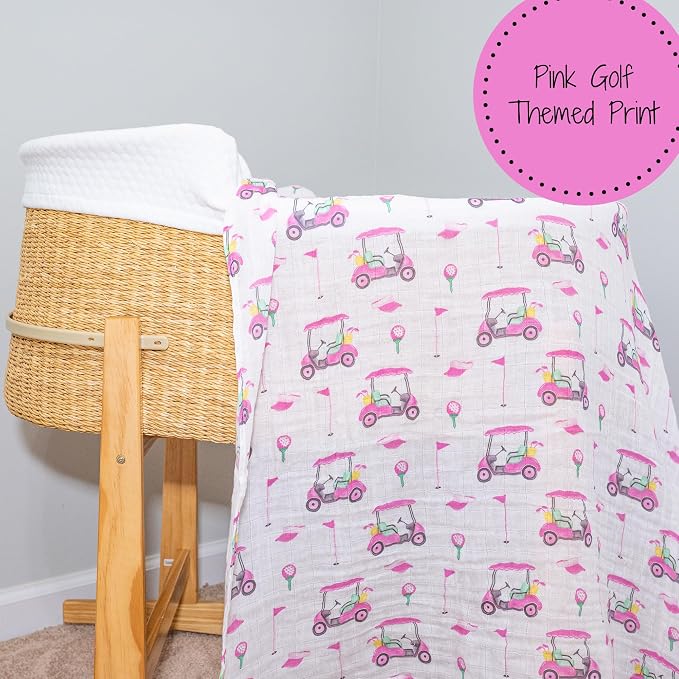 LollyBanks Muslin Swaddle Blankets 2 Pack, 100% Cotton Baby Blanket for Girls, Soft and Breathable 47 x 47 Inches Newborn Receiving Blanket, Newborn Essentials Must Haves (Pink Golf and Pink)