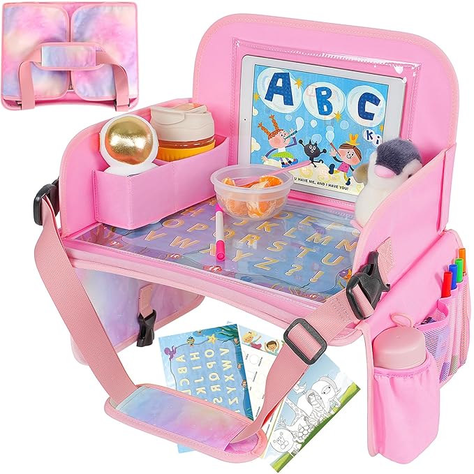 MENZOKE Kids Travel Tray, Car Seat Table Tray, Road Trip Essentials with Educational Drawing Board, Tablet Holder & Cooler Cup Holder, Travel Table for Kids Gifts in Car, Airplane, Multicoloured