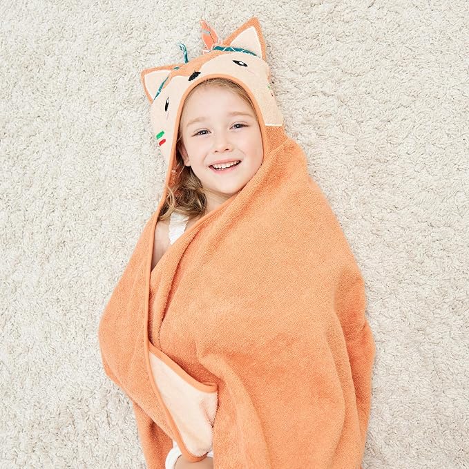Style Quarters Baby Bath Towel - 100% Cotton Terry Soft Hooded Towel Cartoon Fox Baby Beach Towels Super Absorbent Large Embroidery Kids Hooded Bath Toddler Towel with 50"x30"(Orange Fox)