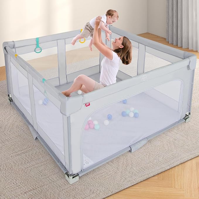 Costzon Foldable Playpen for Babies, 59''x59'' Portable Baby Play Pen with 50 PCS Ocean Balls, 4 Handles, Carry Bag, Visible Mesh, Kids Activity Center with Gates, Indoor & Outdoor Baby Gate Play Pen
