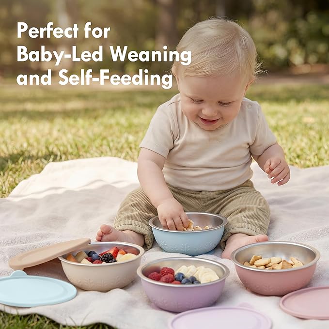 Moonkie Baby Suction Bowls for Self-Feeding: 3 Strong Suction Bases Prevent Spills - Seamless One-Piece Design for Easy Cleanup - Stainless Steel & Silicone Toddler Bowls with Lids - 13 oz 2 Pack