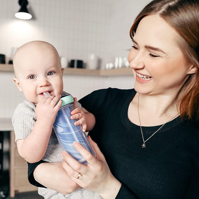The First Years Insulated Straw Cup for Toddlers 2pk ??Wild and Free & Marbled ??Dark Blue, 9 ounces
