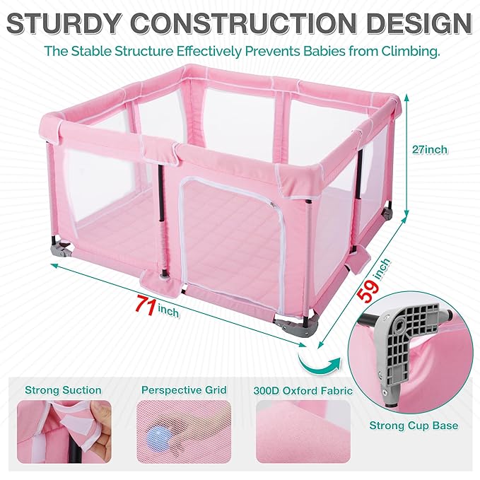Foldable Baby Playpen,PlayPens for Babies and Toddlers，Indoor Outdoor Safety Play Area, Portable Child Activity Large Collapsible Play Yard，Folding Fence (Cationic Fabric-Pink, 59"x71")