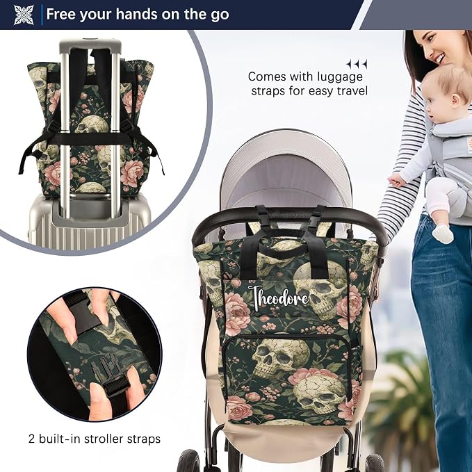 Personalized Mossy Skull Peonies Diaper Bag Large Cap Travel Mom Dad