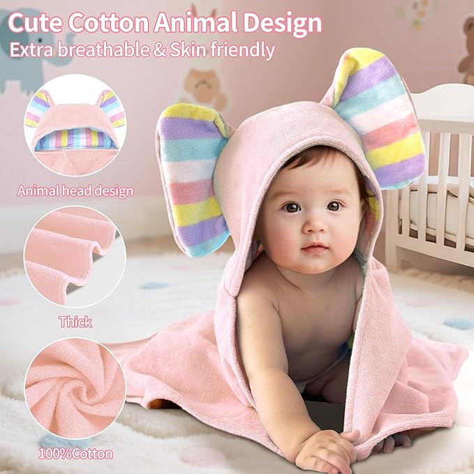 VOOVA & MOVAS Cute Elephant Ears Hooded Towel for Baby ??100% Cotton, 420GSM, Thick & Super Absorbent ??33" x 31.5", Pink ??for 0??8 Months ??Large Towel for Newborn, Toddler, Infant, Essential