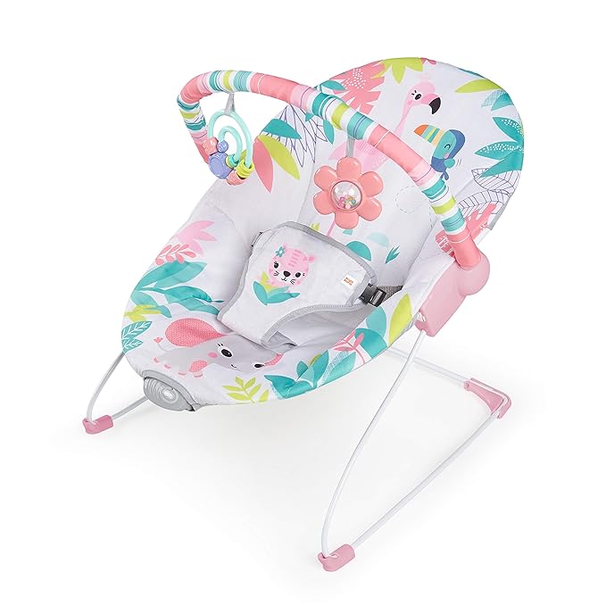 Bright Starts Baby Bouncer Soothing Vibrations Infant Seat - Removable-Toy Bar, Nonslip Feet, 0-6 Months Up to 20 lbs (Flamingo Vibes, Pink)