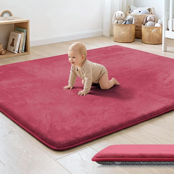 1.3" Thick Baby Floor Play Mat 50x50, Basic Padded Foam Mat for Tummy Time Crawling, Non Slip Cushioned for Babies Toddlers Infants Kids (Burgundy)