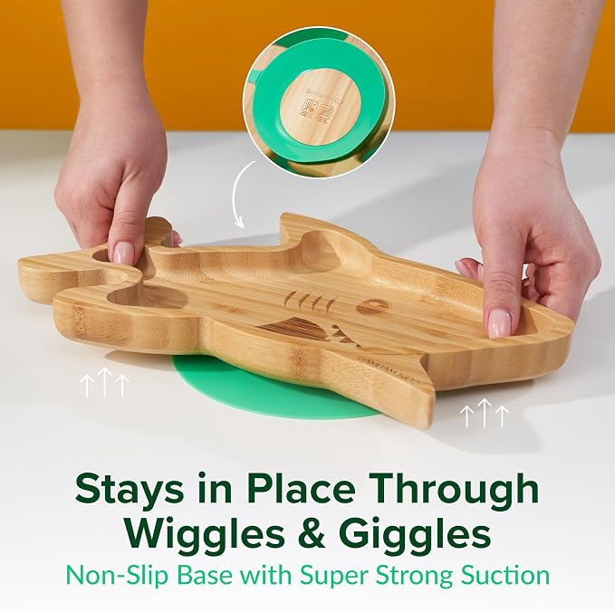 Bamboo Suction Plates for Baby - Strong Suction Plates for Toddlers - Non-toxic All Natural Eco Friendly Materials - Shark