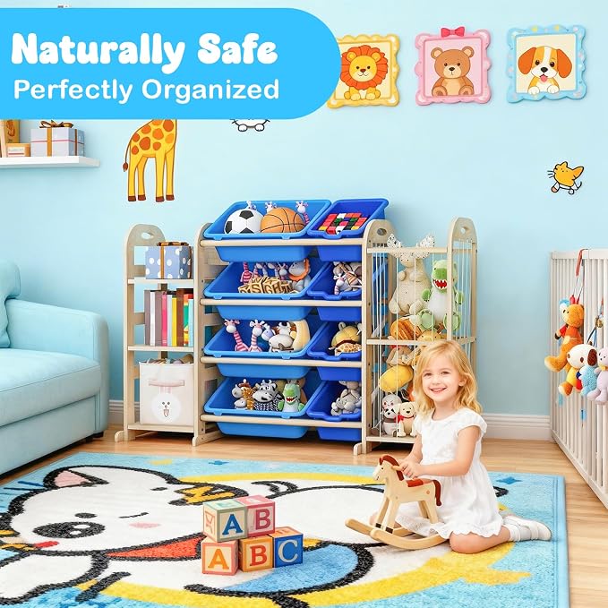 Toy Storage Organizer, Toy Organizers and Storage with Stuffed Animal Storage, Kids Toy Storage Shelf with 3 Shelves 8 Storage Bins, Kids Bookshelf, Toy Holder for Playrooms, Bedrooms, Blue