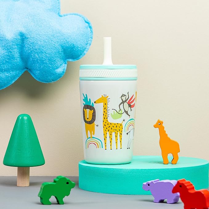 Zak Designs Kelso Toddler Cups For Travel or At Home, 12oz Vacuum Insulated Stainless Steel Sippy Cup With Leak-Proof Design is Perfect For Kids (Safari)