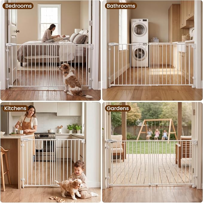Mumeasy 30" Tall Baby Gate for Stairs, 36.2-55.1" Expandable Hardware Mounted (Drill Needed), Removable No Bottom Bar Dog Gate, Auto Close Wide Walk Thru Safety Gate for Doorways, Pets& Toddlers,White