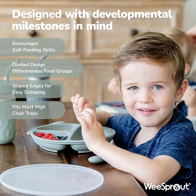 WeeSprout Silicone Plates with Lids for Babies & Toddlers (3 Pack) 100% Food-Grade Dishes for Self Feeding, Divided Design & Raised Edges for Picky Eaters, Dishwasher & Microwave Safe Weaning Supplies