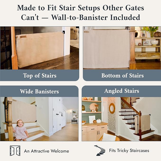 The Stair Barrier First Fabric Wall to Banister Baby Gate for Stairs 36”–43” Wide x 32” Tall – Dog Gate for Stairs, for Top or Bottom Staircase, Machine-Washable, Climb Proof, Designed in USA – Beige