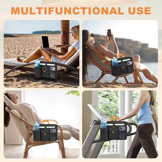 Beach Chair Cup Holders, Arm Organizer for Camping with 2 Self-Adhesive Fastener Strap, Hanging Bag Insulation with 4 Pockets, Camp Chair Accessories for Water Bottle, Magazine, Black, Patent Design