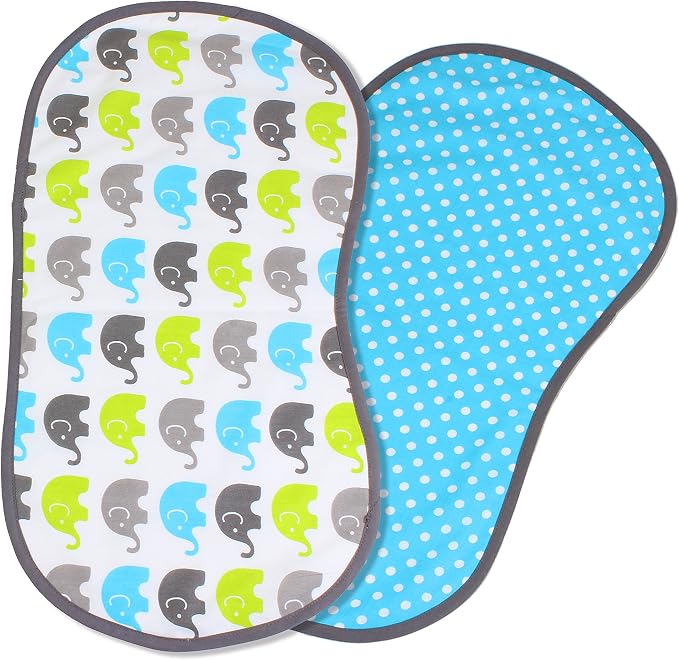 Bacati - Elephants Set of 2 100% Cotton Washable Reusable Burpies/Burp Cloths (Aqua/Lime/Grey)