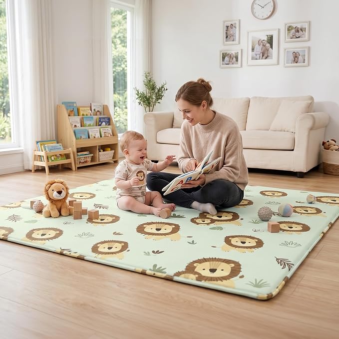1.5" Thick Premium Baby Floor Play Mat, 71x79 Over-Sized Padded Memory Foam Mat, Tummy Time Crawling Playmat for Nursery Kids Playroom, Lion