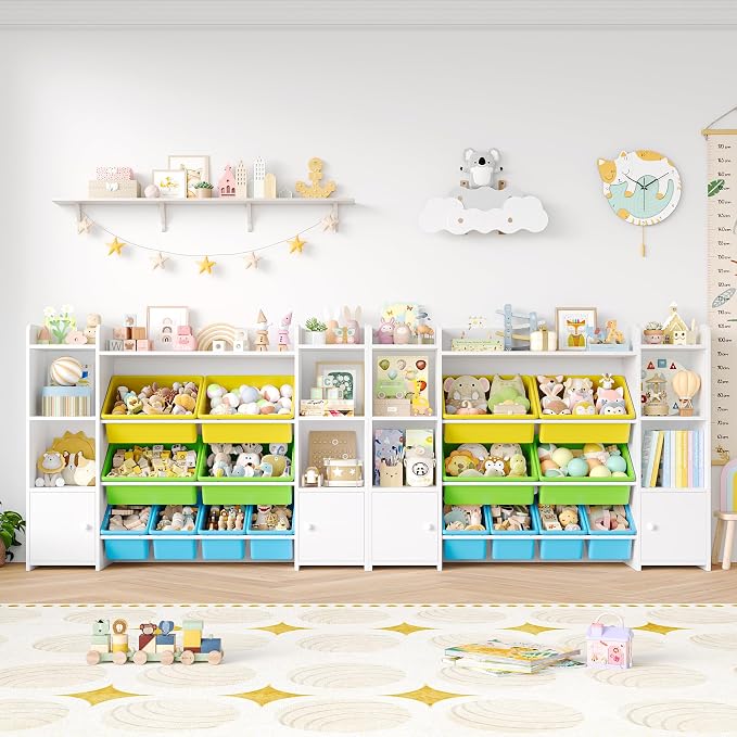 FOTOSOK Toy Storage Organizer with 8 Toy Bins, Toy Organizer Kids Bookshelf with 6 Storage Cubbies, Stuffed Animal Storage Organizer, Playroom Storage and Toy Chest, White/Green