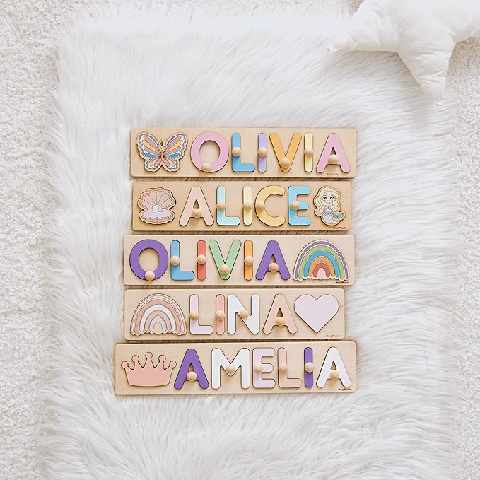 Personalized Name Puzzle Montessori Toys Nursery Decor Customized Puzzle Educational Toy for a 1 Year Old Gifts Kids Name Sign for Nursery Easter Present for Baby (Purple Pink)