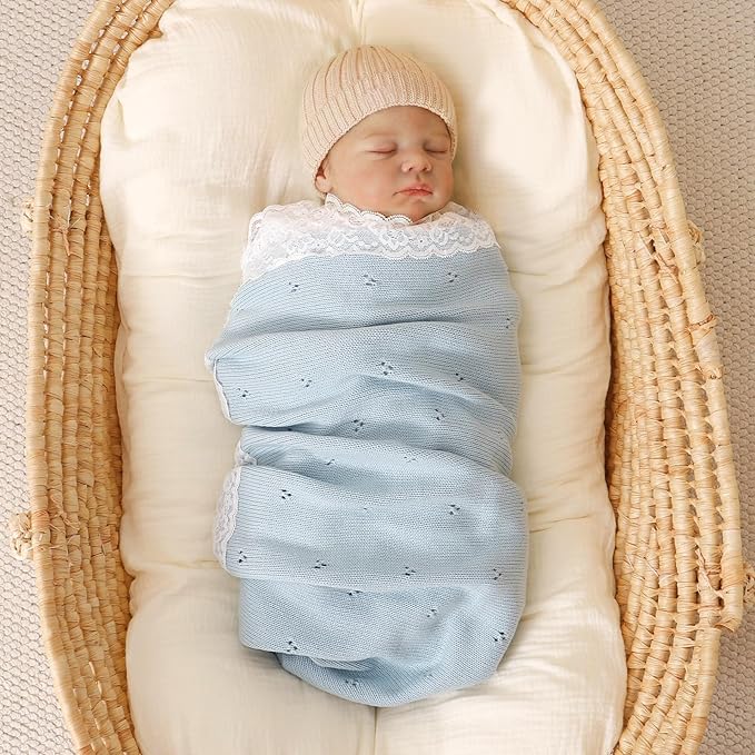 Hadetoto Cotton Lace Knit Baby Blankets, Super Soft Lightweight Crib Blanket for Infant Boys Girls, Nursery Bedding (Light Blue)