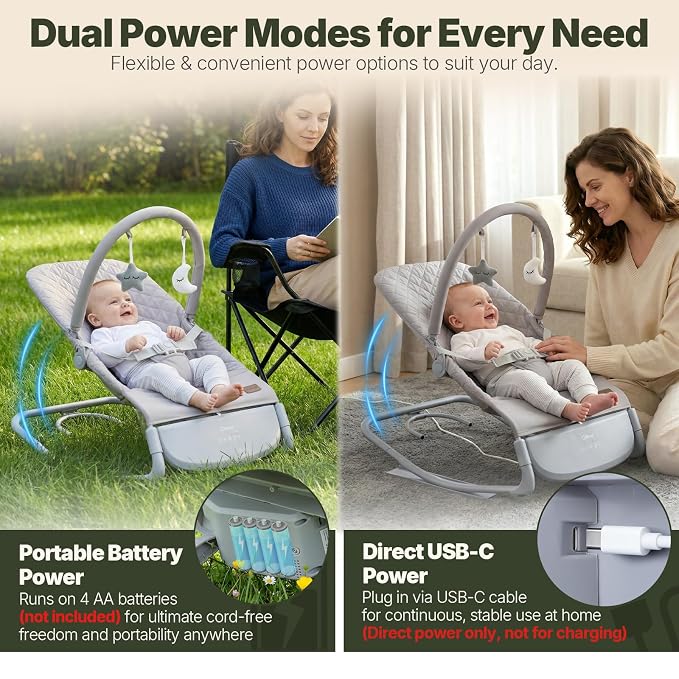 Orzbow Electric Baby Rocker & Toddler Chair, 3-Speed Auto-Rock, Up to 40lbs | Timer 30/60Min, 8 Soothing Melodies, 3 Recline Positions, 5 Volume Levels, Machine-Washable Cover, Battery or Plug-In Powered