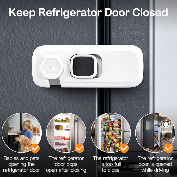 Fridge Locks for Kids with Strong Adhesive, 2 Pack Pet&Child Proof Refrigerator Lock for Kids to Keep Door Closed, Freezer Lock for RV Refrigerator, Garage Fridge, Upright Freezer, Mini Fridge, White