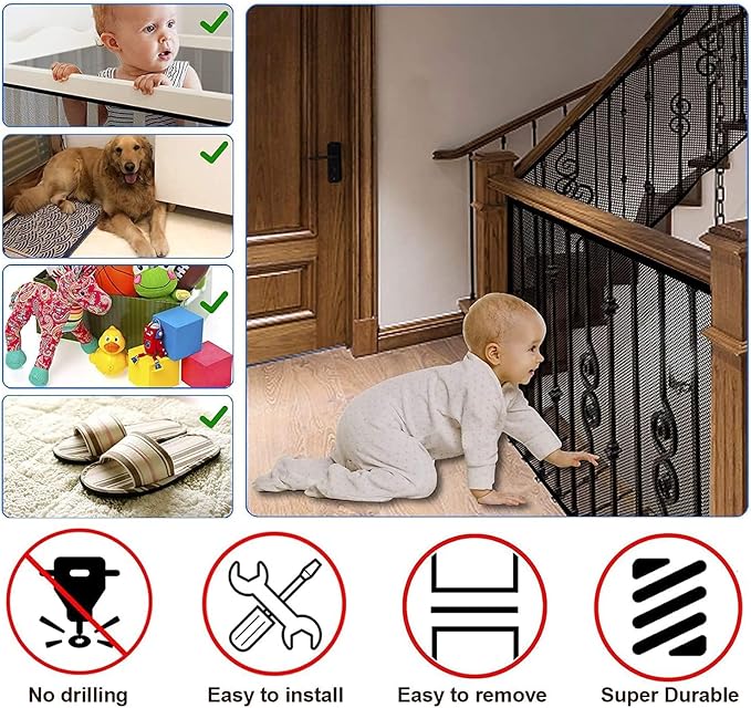Baby Gate for Stairs, Banister Guard for Kids, Pets, Toys, 59ft L x 2.66 ft H, Mesh Netting Safety Net for Balcony Rail Stair, Stairway Net Baby Safety Products for Indoor & Outdoor (Black)