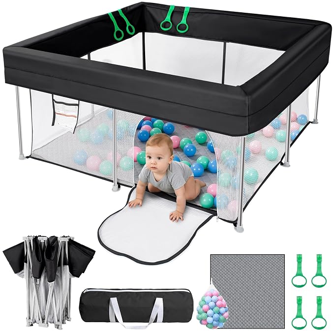 Foldable Baby Playpen with Mat, 50"×50" Collapsible Play Yard for Babies and Toddlers, No Assembly Required, Kids Safety Play Area with 4 Handles, 50 Balls and Visible Mesh, Black