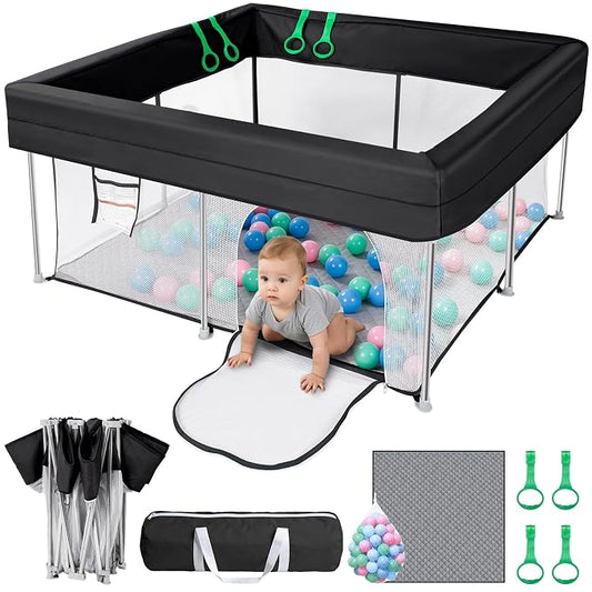 Foldable Baby Playpen with Mat, 50"×50" Collapsible Play Yard for Babies and Toddlers, No Assembly Required, Kids Safety Play Area with 4 Handles, 50 Balls and Visible Mesh, Black