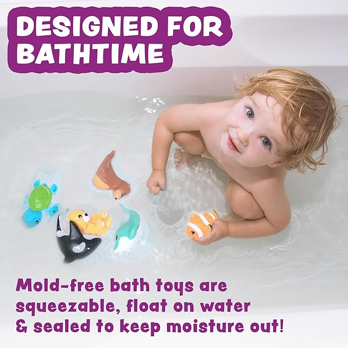 Tub Works® Marine??Mold Free Bath Toys, 6 Pack | Sealed, No Hole Bath Toys Design Keeps Moisture Out | Soft, Squeezable & Float on Water | Easy-Grip Baby & Toddler Bath Toy Set | Great Baby Pool Toys