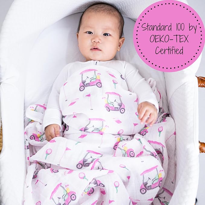 LollyBanks Muslin Swaddle Blankets 2 Pack, 100% Cotton Baby Blanket for Girls, Soft and Breathable 47 x 47 Inches Newborn Receiving Blanket, Newborn Essentials Must Haves (Pink Golf and Pink)