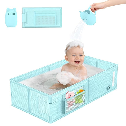 YomauiYee Baby Bathtub, Foldable Toddler Tub with Rinse Cup, 2-in-1 Portable Collapsible Baby Bath Tub for 6M-5Y, No Assembly, Space Saving for Travel, Hotel, Camping