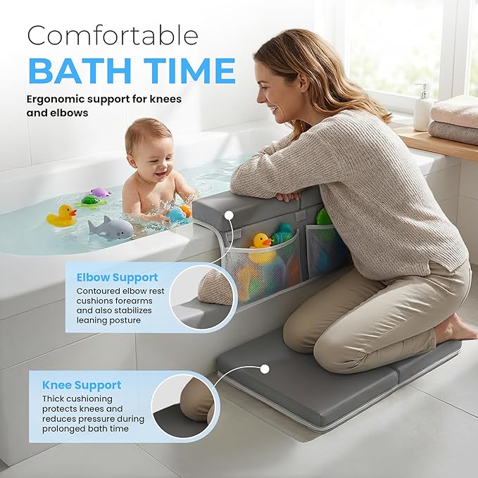 KOSSI Bath Kneeler and Elbow Rest Pad Set - Comfortable & Painless Foam Mat with Toy Organizer Pockets - Quick Drying, Foldable, Non-Slip for Baby and Toddler Bathing