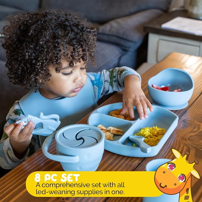Carolina Blue Silicone Baby and Toddler Self-Eating Food Plates Set with Utensils (8 Piece Set)