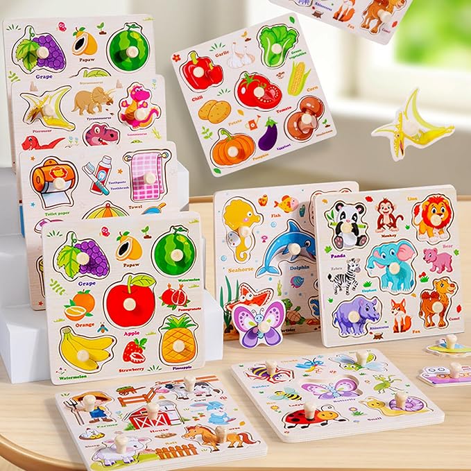 8Pcs Wooden Puzzle for Toddler 1-3, Peg Puzzles for Toddler 2-4, Montessori Learning Toys with Animals, Dinosaur, Fruits & More, Preschool Puzzle Set Educational Toys Toddler Gifts for Girls Boys