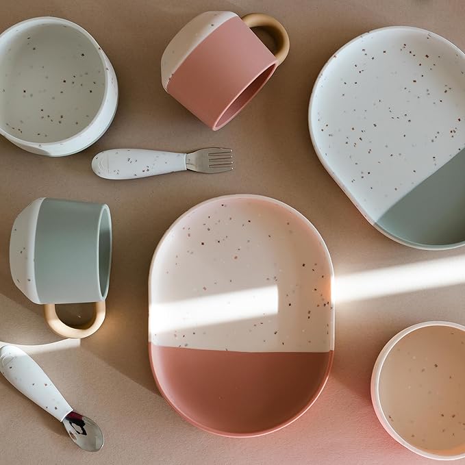 Yeah Baby Goods Silicone Plate for Highchair Trays & Full Set Tables - Duo-Toned, Modern Terrazzo Kids Plates - Dishwasher & Microwave Safe Plates - Non-Suction Baby Dishes (Sage/Brown Speckle)