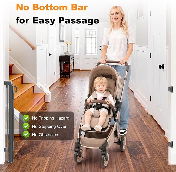 Reinforced Retractable Pet Gate 70” Wide Retractable Baby Gate | with Support Rods to Prevent Bottom Escape, 33” Tall Child Safety Gates for Stairs, Doorways, Hallways, Decks, Indoor/Outdoor
