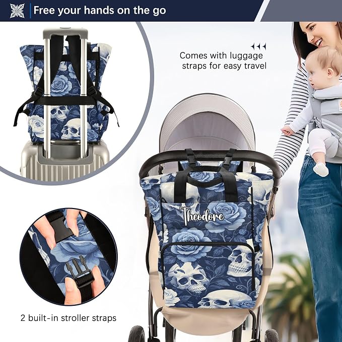 Personalized Cracked Skull Rose Diaper Bag Large Cap Insul Mom Dad