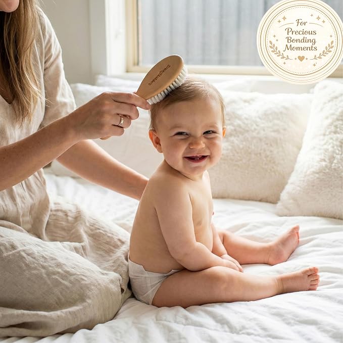 Baby Hair Brush & Comb Set for Newborns - Gentle Goat-Hair & Bamboo Bristle Hairbrushes with Easy Grip Wooden Handles - 7-Pack Baby Brush Set with a Cotton Travel Pouch - Gifts for Boys & Girls