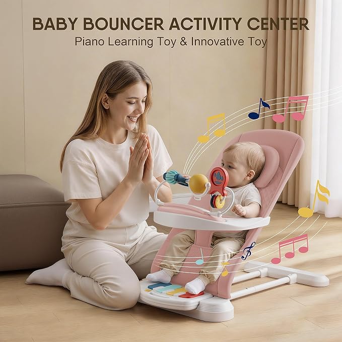 Monamii Baby Bouncer, Baby Bouncer Seat with Detachable Pianos & Feeding Tray, 3-Level Adjustable Positions Bouncing Seat, Infant Bouncer Seat and Toddler Chair (Pink)