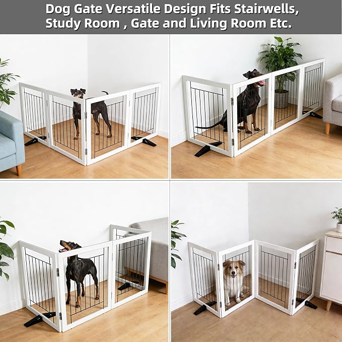 Dog Fence Indoor - 4-Panel Freestanding Dog Gate for Doorways, Hallways, House or Stairs -80x24-Inch Retractable Foldable Expandable Wood Pet by SFJC (White)