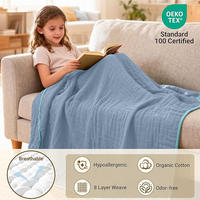 ZPECC Muslin Baby Blanket Thicker, 30x40 Organic Cotton Newborn Receiving Quilt Hypoallergenic for Baby Essentials Swaddle Crib Stroller, Blue