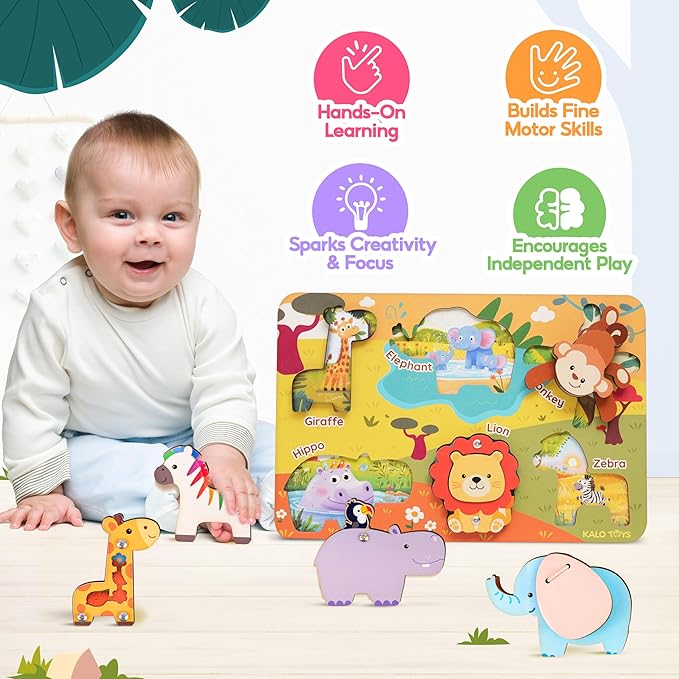 Kalotoys Wooden Montessori Jungle Animal Puzzle for Toddlers 1-3 – Interactive Sensory Toy with Mirror, Zip & Sound – Educational Baby Gift for Fine Motor Skills & Autism Friendly (6 Animals)