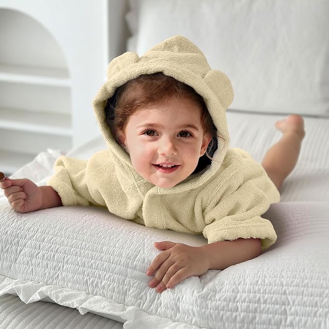 VOOVA & MOVAS Baby Hooded Towel with Bear Ear, 0-24Months | 100% Cotton, Ultra-Soft & Absorbent | Gentle for Sensitive Skin, Bath, Pool & Beach Towel | Newborn (Beige)