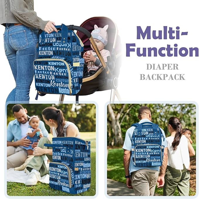 Large Capacity Custom Diaper Bag for Baby Boy with Name, Blue Multifunctional Mom Personalized Diaper Bag Backpack Waterproof Women Customized Daypack Nappy Bag