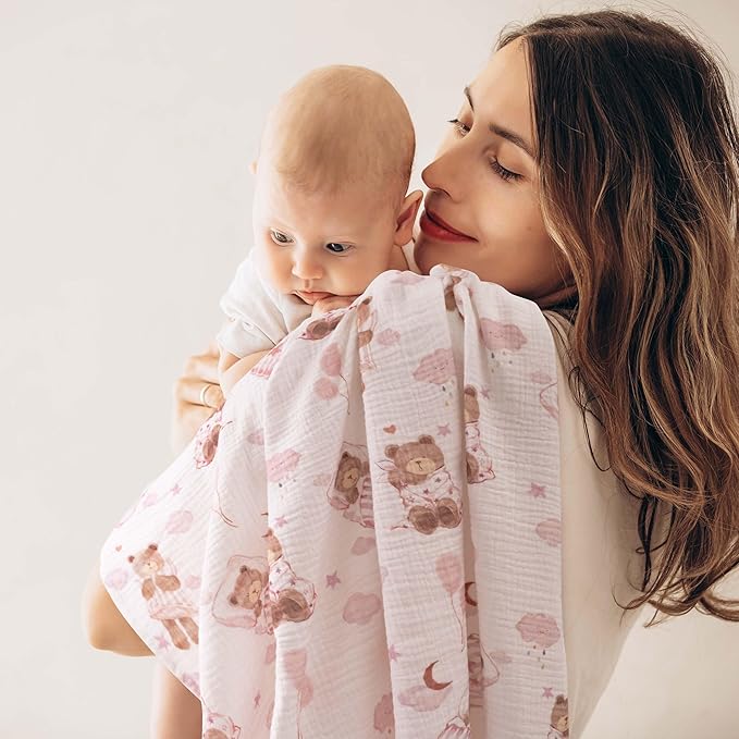 GLLQUEN BABY Muslin Swaddle Blankets,3-Pack Receiving Blankets for Newborn Boys and Girls,Baby Swaddle Blanket Unisex,Little Bear,Baby Essentials, Registry & Gift, 40 x 38 inches