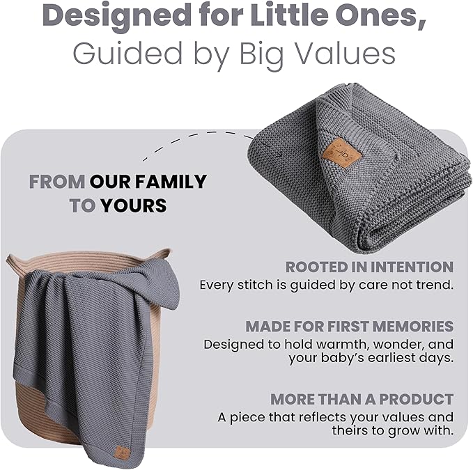 100% Organic Cotton GOTS Certified Baby Knitted Blanket with Gift Box - Soft Toddler, Crib, Stroller Blanket - Neutral Swaddle and Receiving Blanket for Newborns, 30"x40", Dark Grey