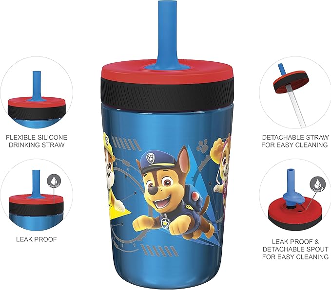 Zak Designs PAW Patrol Kelso Tumbler Set, Leak-Proof Screw-On Lid with Straw, Bundle for Kids Includes Plastic and Stainless Steel Cups with Additional Sipper (Paw Patrol- 3pc)