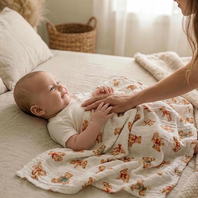 GLLQUEN BABY Receiving Blanket Boy Cotton Muslin Swaddle Blankets Girl Newborn Squares Breathable & Soft Thin Baby Blankets Cloths Double Absorbent Infant Swaddling Wrap - 6 Pack (Christmas Bear)